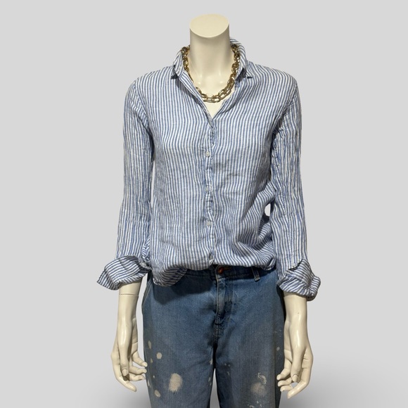 Uniqlo Striped Button Down Top Blue White Long Sleeve Yacht XS - Picture 1 of 4